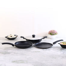 Load image into Gallery viewer, Platinum Plus Non-Stick Cookware Set of 4 | Kadhai with Glass Lid 24cm, Fry Pan 24cm &amp; Dosa Tawa 25cm | Cool-Touch Bakelite Handle | Pure Grade Aluminium | PFOA Free | 1 Year Warranty | Black