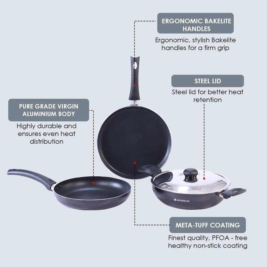 Platinum Plus Non-Stick Cookware Set of 4 | Kadhai with Glass Lid 24cm, Fry Pan 24cm & Dosa Tawa 25cm | Cool-Touch Bakelite Handle | Pure Grade Aluminium | PFOA Free | 1 Year Warranty | Black