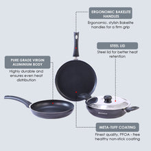 Load image into Gallery viewer, Platinum Plus Non-Stick Cookware Set of 4 | Kadhai with Glass Lid 24cm, Fry Pan 24cm &amp; Dosa Tawa 25cm | Cool-Touch Bakelite Handle | Pure Grade Aluminium | PFOA Free | 1 Year Warranty | Black