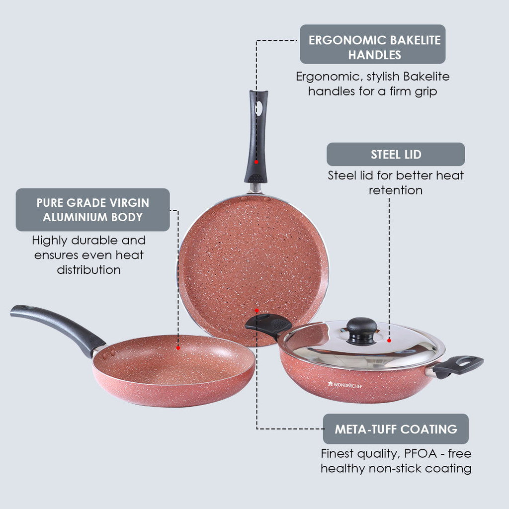 Platinum Plus Non-stick Cookware Set, 4Pc (Kadhai with Lid, Fry Pan, Dosa Tawa), Cool-touch Bakelite Handle, Pure Grade Aluminium, PFOA/Heavy Metals Free, 1 Year Warranty, Brick Red