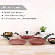 Load image into Gallery viewer, Platinum Plus Non-stick Cookware Set, 4Pc (Kadhai with Lid, Fry Pan, Dosa Tawa), Cool-touch Bakelite Handle, Pure Grade Aluminium, PFOA/Heavy Metals Free, 1 Year Warranty, Brick Red