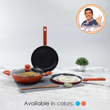 Load image into Gallery viewer, Power Non-Stick Cookware 4 pc Set | Kadhai with Glass Lid 2.6L, Dosa Tawa 25cm, Fry Pan 24cm | Induction Bottom | Soft Touch Handles | Pure Grade Aluminium | PFOA Free | 2 Year Warranty | Orange