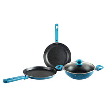 Load image into Gallery viewer, Power Non-Stick Cookware 4 Piece Set | Kadhai with Glass Lid 2.6L, Dosa Tawa 25cm, Fry Pan 24cm | Induction Friendly Bottom | Soft Touch Handles | Pure Grade Aluminium | PFOA Free | 2 Years Warranty | Blue