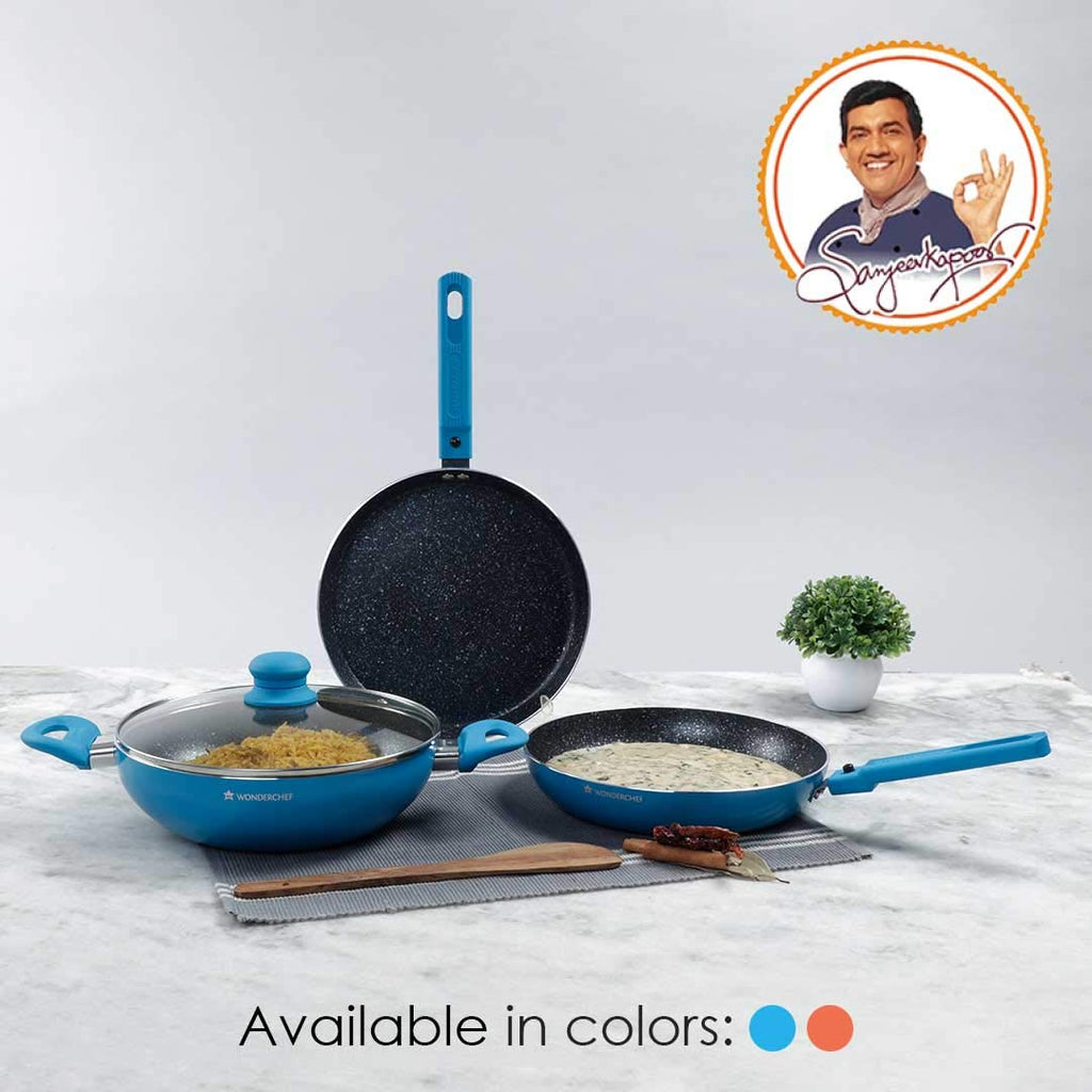 Power Non-Stick Cookware 4 Piece Set | Kadhai with Glass Lid 2.6L, Dosa Tawa 25cm, Fry Pan 24cm | Induction Friendly Bottom | Soft Touch Handles | Pure Grade Aluminium | PFOA Free | 2 Years Warranty | Blue