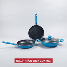 Load image into Gallery viewer, Power Non-Stick Cookware 4 Piece Set | Kadhai with Glass Lid 2.6L, Dosa Tawa 25cm, Fry Pan 24cm | Induction Friendly Bottom | Soft Touch Handles | Pure Grade Aluminium | PFOA Free | 2 Years Warranty | Blue