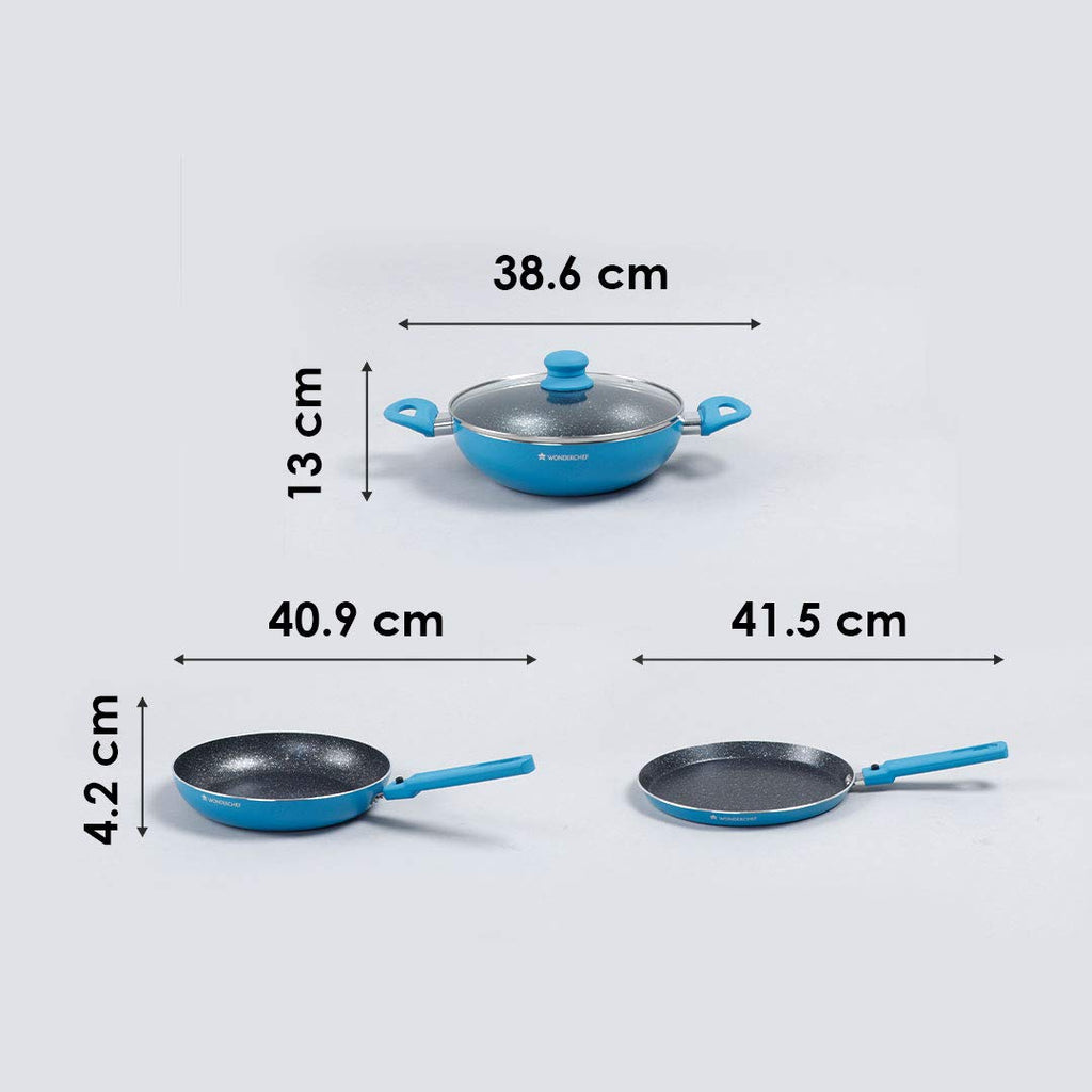 Power Non-Stick Cookware 4 Piece Set | Kadhai with Glass Lid 2.6L, Dosa Tawa 25cm, Fry Pan 24cm | Induction Friendly Bottom | Soft Touch Handles | Pure Grade Aluminium | PFOA Free | 2 Years Warranty | Blue