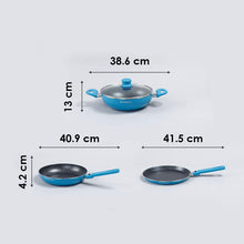 Load image into Gallery viewer, Power Non-Stick Cookware 4 Piece Set | Kadhai with Glass Lid 2.6L, Dosa Tawa 25cm, Fry Pan 24cm | Induction Friendly Bottom | Soft Touch Handles | Pure Grade Aluminium | PFOA Free | 2 Years Warranty | Blue