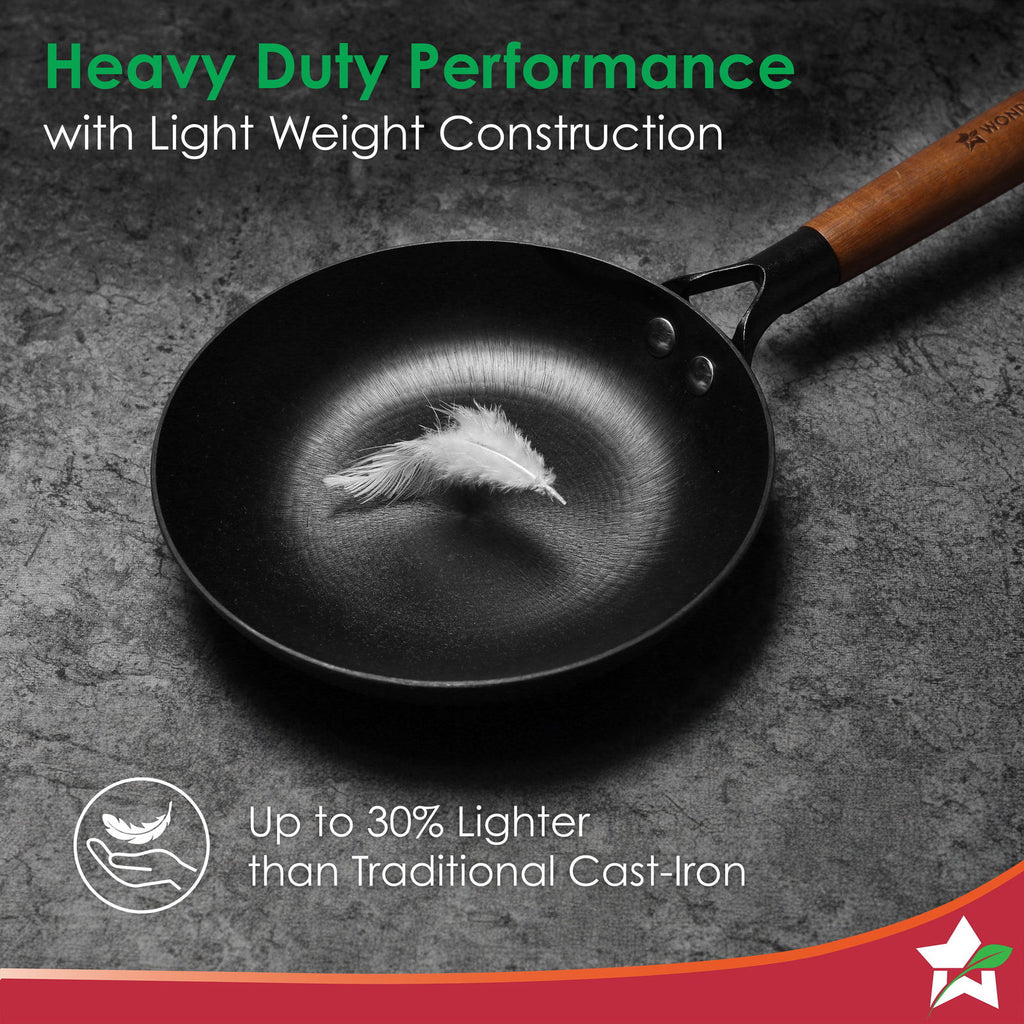 Pre-Seasoned Ferro Light 20cm Cast Iron Fry Pan | 800 ml | Acacia Wooden Handles | Gravity Moulding Technology | No Chemical Coating | 10 Year Warranty