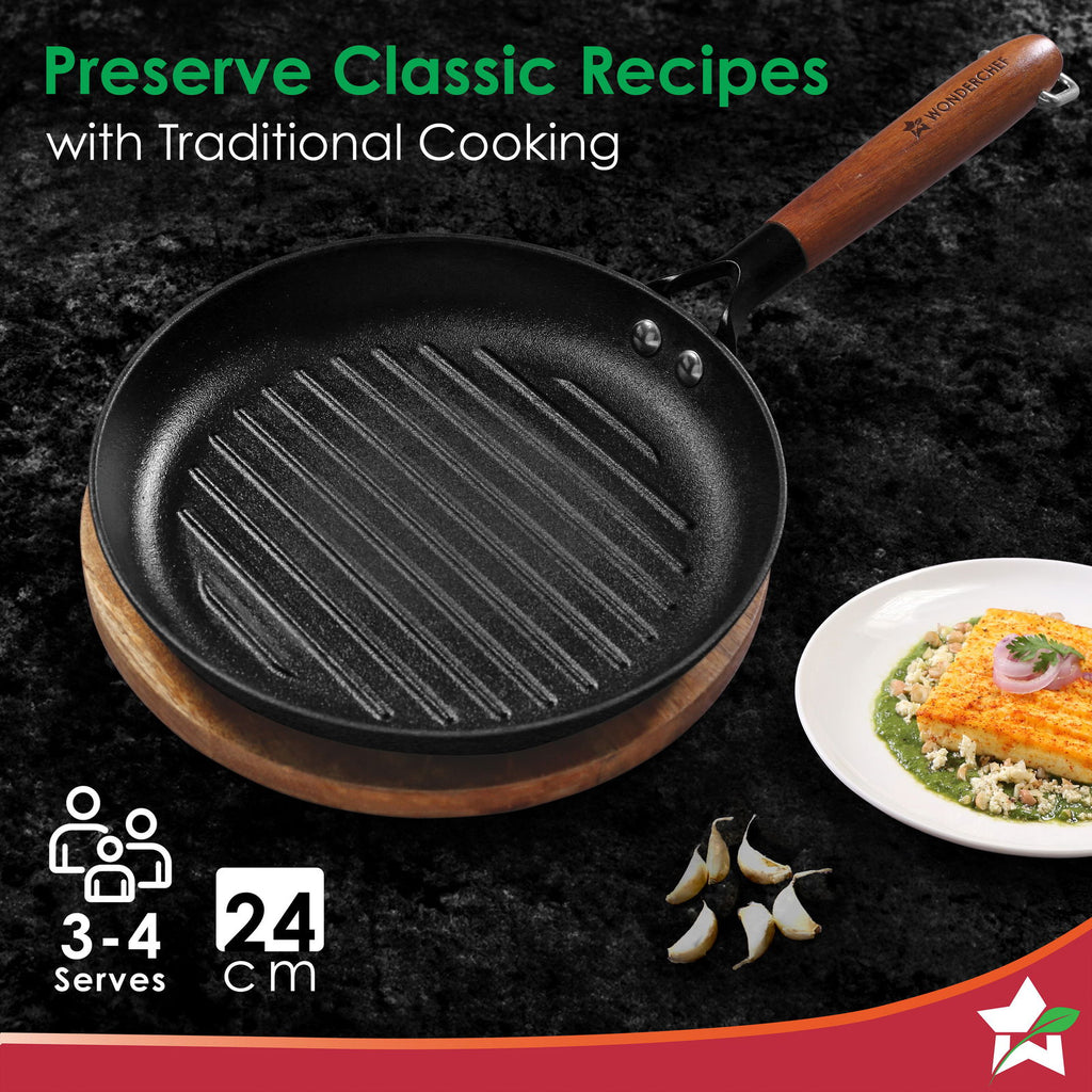 Pre-Seasoned Ferro Light 24cm Grill Pan| 2.5MM | Acacia Wooden Handles | Gravity Moulding Technology | No Chemical Coating |10 Year Warranty