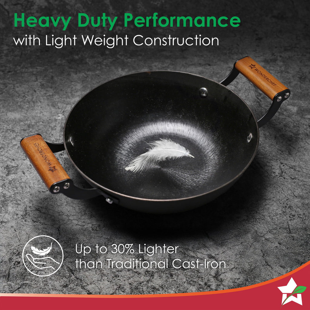 Pre-Seasoned Ferro Light 24cm Kadhai | 2.3L | Acacia Wooden Handles | Gravity Moulding Technology | No Chemical Coating |10 Year Warranty