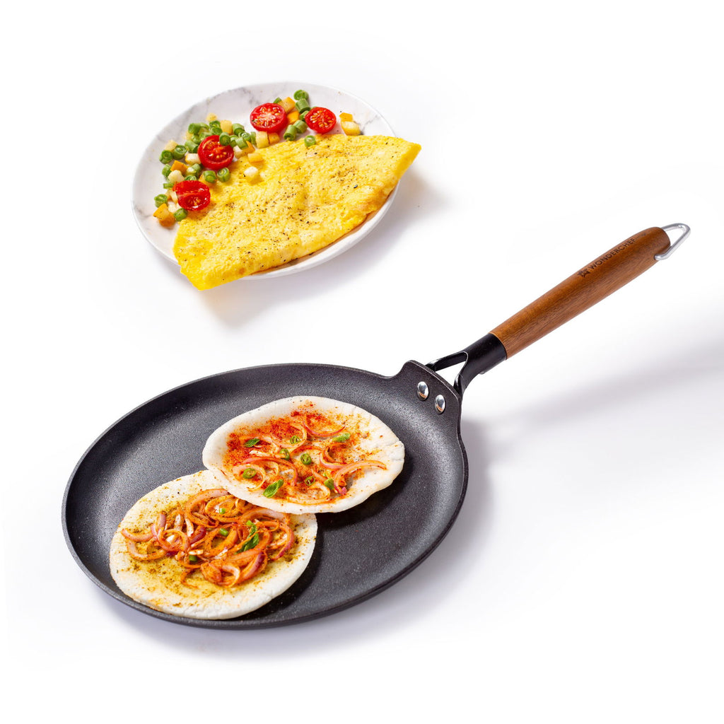 Pre-Seasoned Ferro Light 28cm Dosa Tawa | 4MM | Acacia Wooden Handles | Gravity Moulding Technology | No Chemical Coating |10 Year Warranty