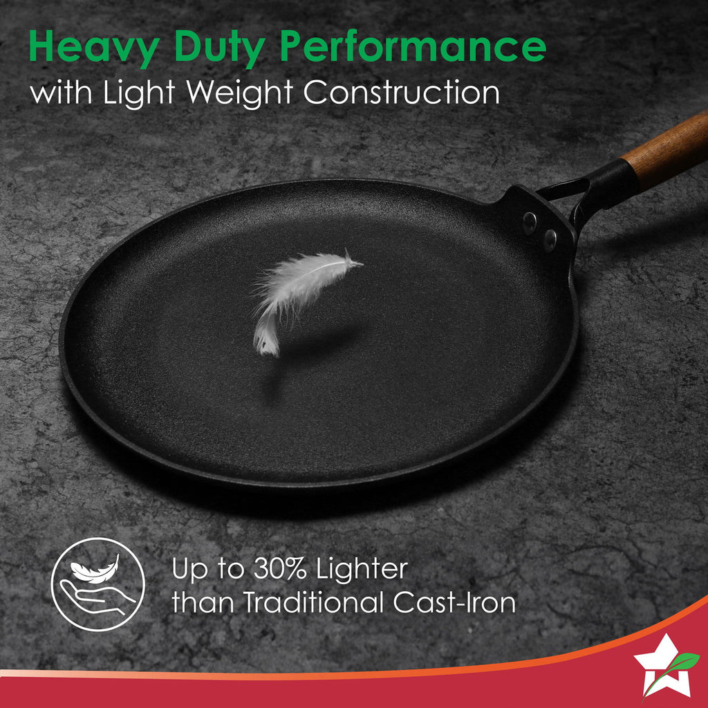 Pre-Seasoned Ferro Light 28cm Dosa Tawa | 4MM | Acacia Wooden Handles | Gravity Moulding Technology | No Chemical Coating |10 Year Warranty