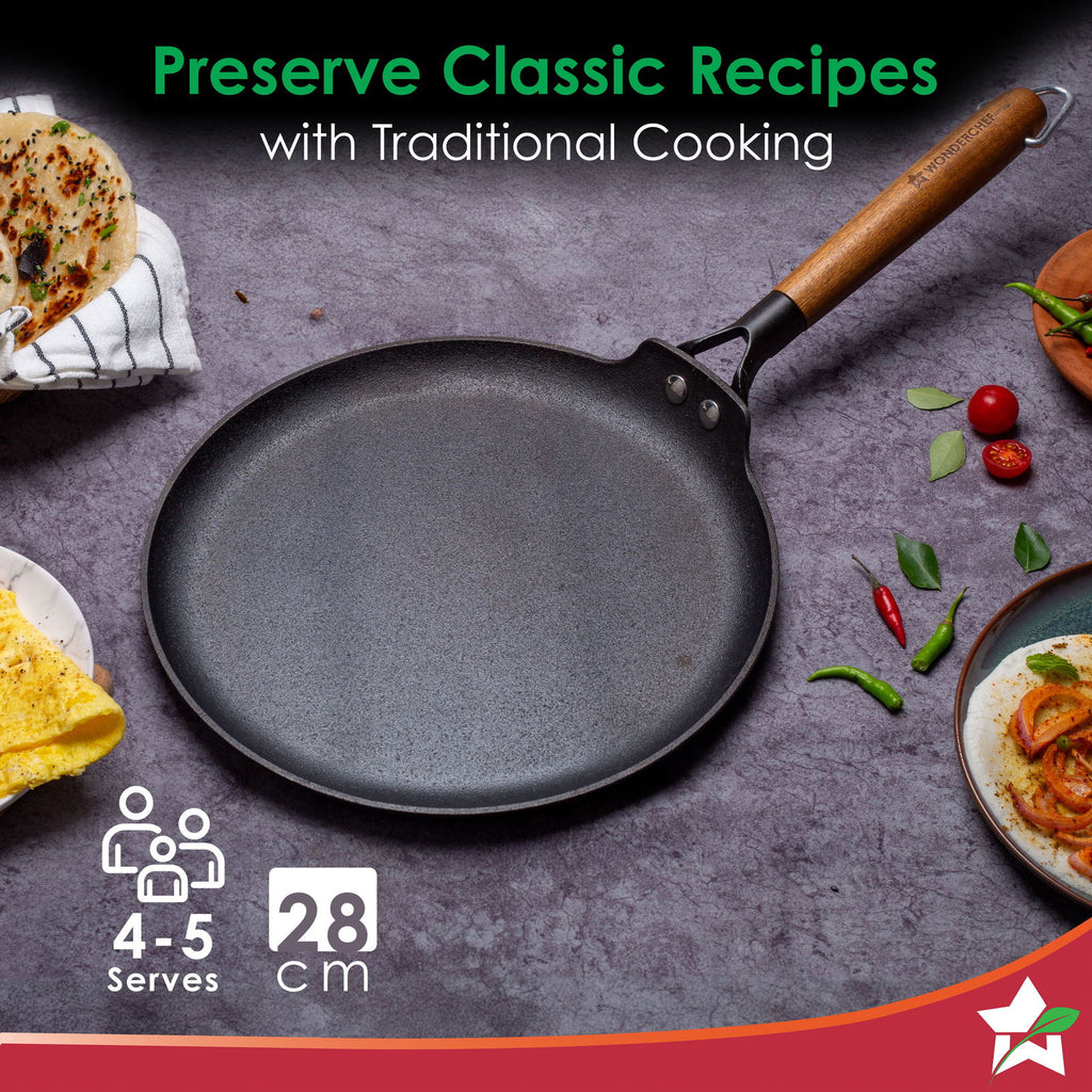 Pre-Seasoned Ferro Light 28cm Dosa Tawa | 4MM | Acacia Wooden Handles | Gravity Moulding Technology | No Chemical Coating |10 Year Warranty