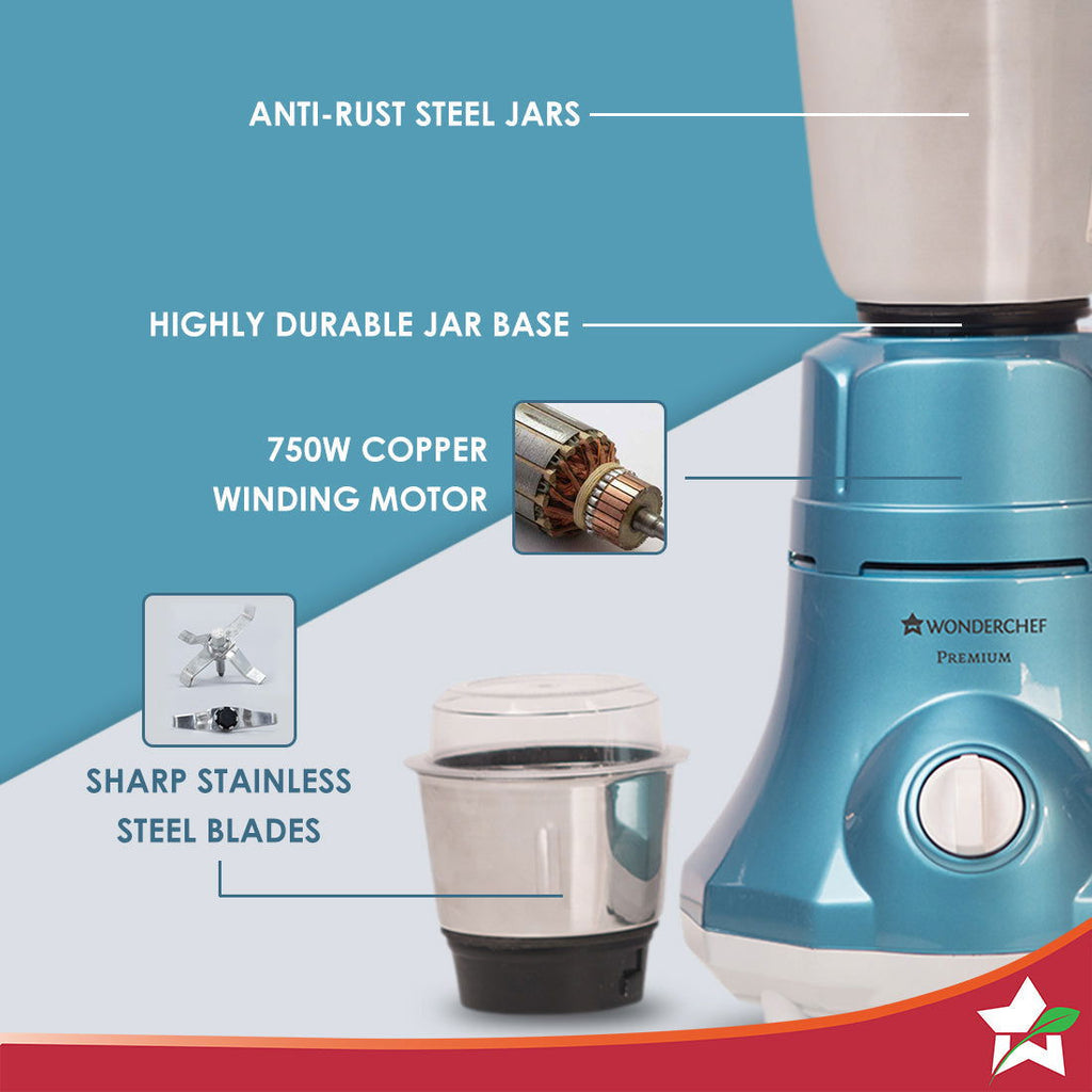 Premium Mixer Grinder, 750W With 3 Thicker Steel Jars, Die-cast Jar Base, Sharp Blade, 5 Years Warranty on Motor, Blue