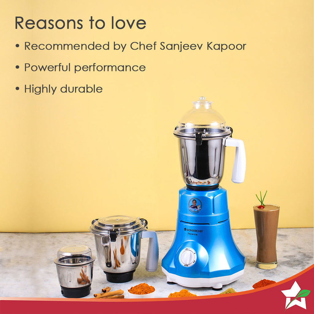 Premium Mixer Grinder, 750W With 3 Thicker Steel Jars, Die-cast Jar Base, Sharp Blade, 5 Years Warranty on Motor, Blue