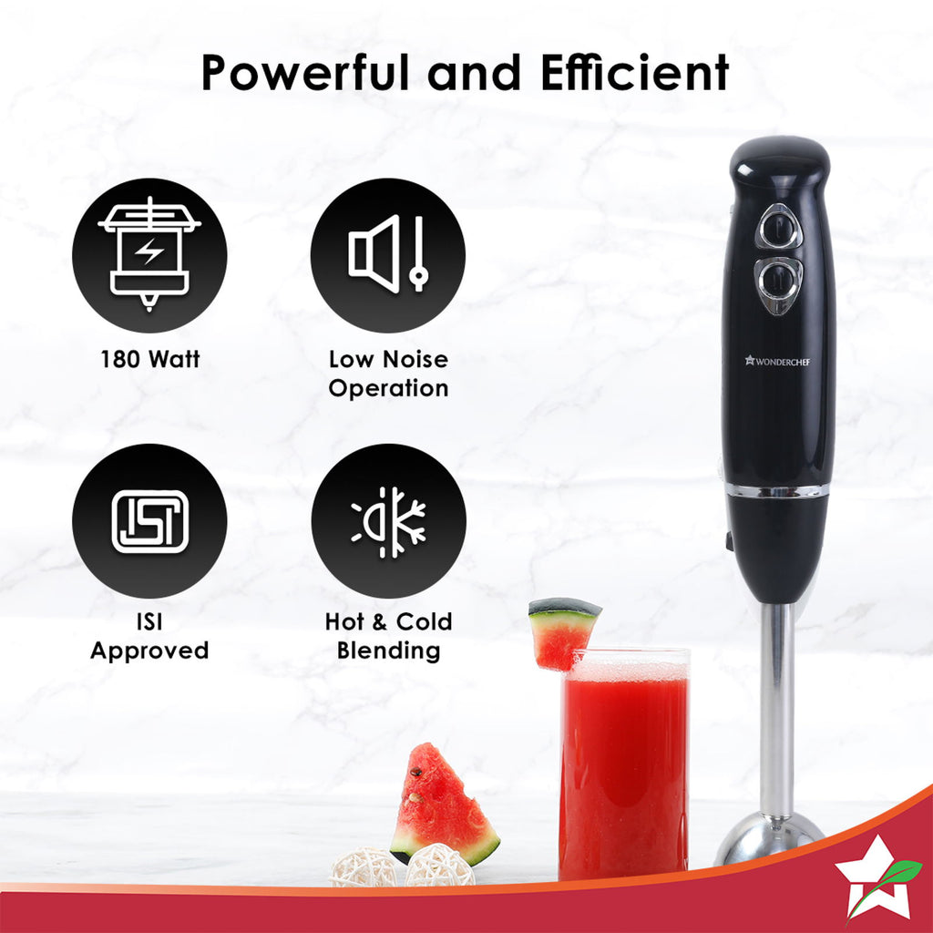 Prima Electric 180 W Hand Blender I Portable | Compact Easy Grip Body I Single Push Button Operation | Sharp Food Grade Anti Rust Stainless Steel Blades | Make Puree, Baby Food, Soup, Smoothie | Detachable Stainless Steel Shaft | 2 Years Warranty | Black