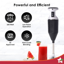 Load image into Gallery viewer, Prima Plus Electric 250W Hand Blender | Portable | Hot &amp; Cold Blending | Food Grade SS Blades | 2 Speed Button | 3 Removable Blades for Blending, Whisking, Chopping | Make Puree, Baby Food, Soup, Smoothie | Wall Mount Holder | 2 Years Warranty | Black