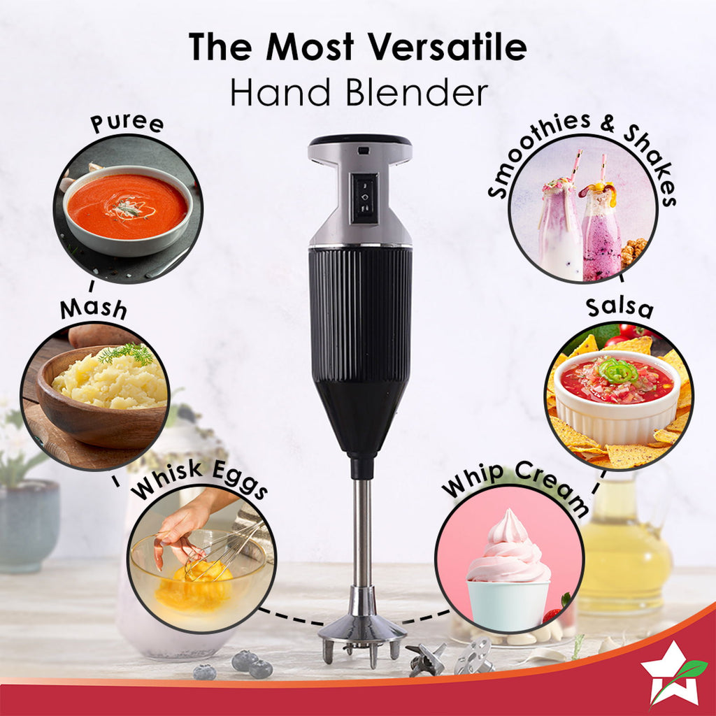 Prima Plus Electric 250W Hand Blender | Portable | Hot & Cold Blending | Food Grade SS Blades | 2 Speed Button | 3 Removable Blades for Blending, Whisking, Chopping | Make Puree, Baby Food, Soup, Smoothie | Wall Mount Holder | 2 Years Warranty | Black