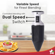 Load image into Gallery viewer, Prima Plus Electric 250W Hand Blender | Portable | Hot &amp; Cold Blending | Food Grade SS Blades | 2 Speed Button | 3 Removable Blades for Blending, Whisking, Chopping | Make Puree, Baby Food, Soup, Smoothie | Wall Mount Holder | 2 Years Warranty | Black