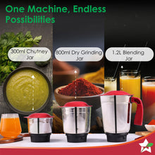 Load image into Gallery viewer, Robo 500 W Mixer Grinder | 3 Stainless Steel Jars for Powerful Blending, Mixing, Grinding | 3-Speed &amp; Pulse Function | Anti-Skid Feet | 5 Years Warranty on Motor | Red &amp; White