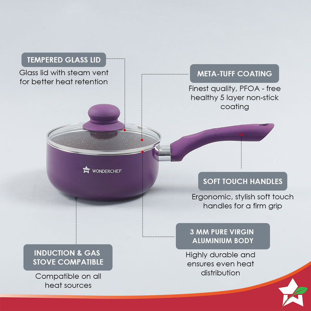 Royal Velvet 18cm Sauce pan with Glass Lid I Induction Ready | Soft-touch handles |Non – Toxic I Virgin Aluminium| 3 mm thick | 2 litres | 2 year warranty | Purple