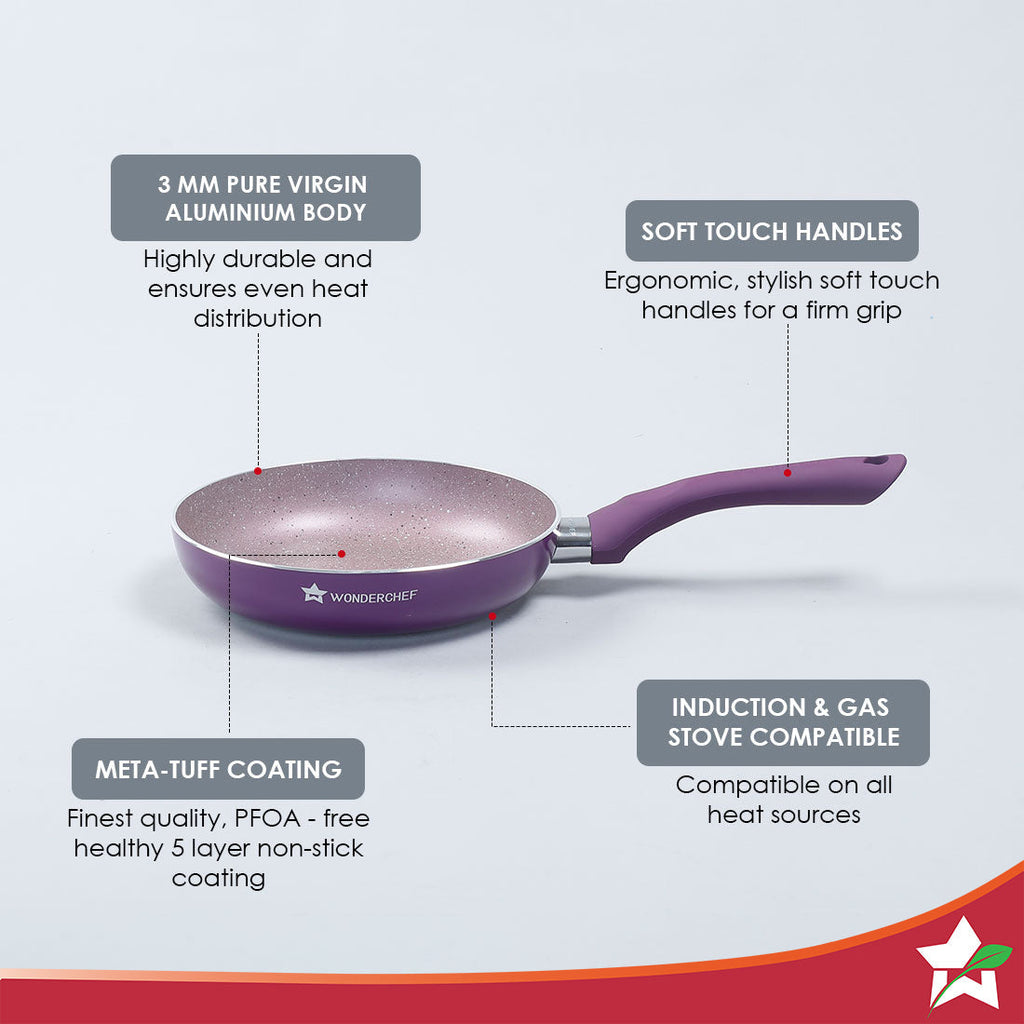 Royal Velvet 20 cm Non-Stick Fry Pan with Induction Bottom & Soft-Touch Handle | Virgin Grade Aluminium | PFOA & Heavy Metals Free | 3 mm thick | 1.2 litres | 2 Years Warranty | Purple