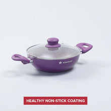 Load image into Gallery viewer, Royal Velvet 20 cm Non-Stick Kadhai with Lid and Induction Bottom | Soft-Touch Handle | Virgin Grade Aluminium | PFOA and Heavy Metals Free | 3 mm thick | 1.4 litres | 2 Years Warranty | Purple