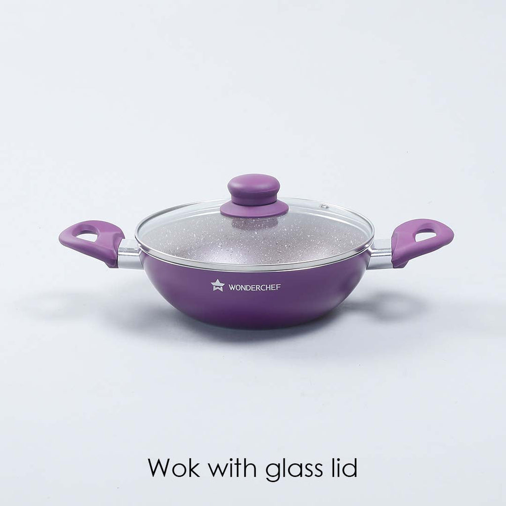 Royal Velvet 20 cm Non-Stick Kadhai with Lid and Induction Bottom | Soft-Touch Handle | Virgin Grade Aluminium | PFOA and Heavy Metals Free | 3 mm thick | 1.4 litres | 2 Years Warranty | Purple