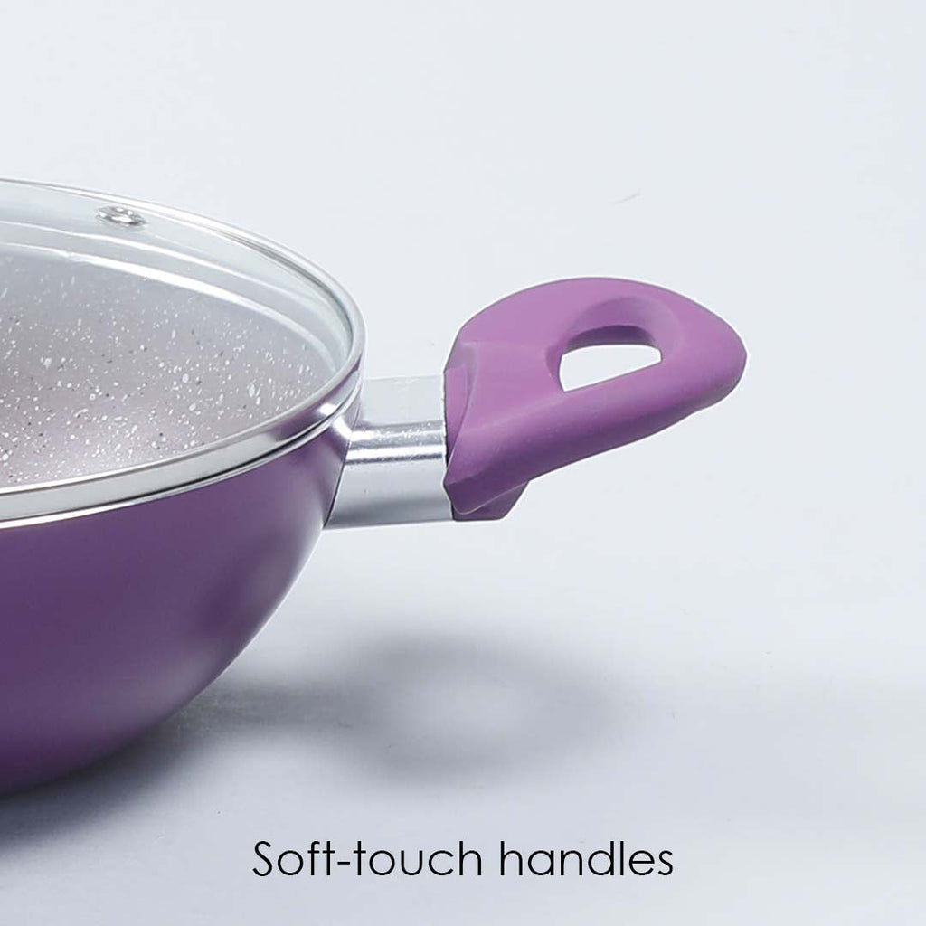 Royal Velvet 20 cm Non-Stick Kadhai with Lid and Induction Bottom | Soft-Touch Handle | Virgin Grade Aluminium | PFOA and Heavy Metals Free | 3 mm thick | 1.4 litres | 2 Years Warranty | Purple