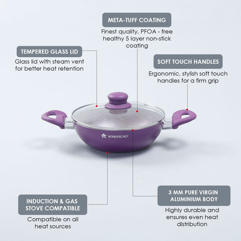 Royal Velvet 20 cm Non-Stick Kadhai with Lid and Induction Bottom | Soft-Touch Handle | Virgin Grade Aluminium | PFOA and Heavy Metals Free | 3 mm thick | 1.4 litres | 2 Years Warranty | Purple