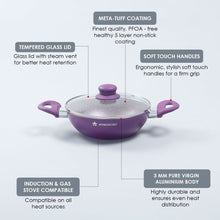 Load image into Gallery viewer, Royal Velvet 20 cm Non-Stick Kadhai with Lid and Induction Bottom | Soft-Touch Handle | Virgin Grade Aluminium | PFOA and Heavy Metals Free | 3 mm thick | 1.4 litres | 2 Years Warranty | Purple