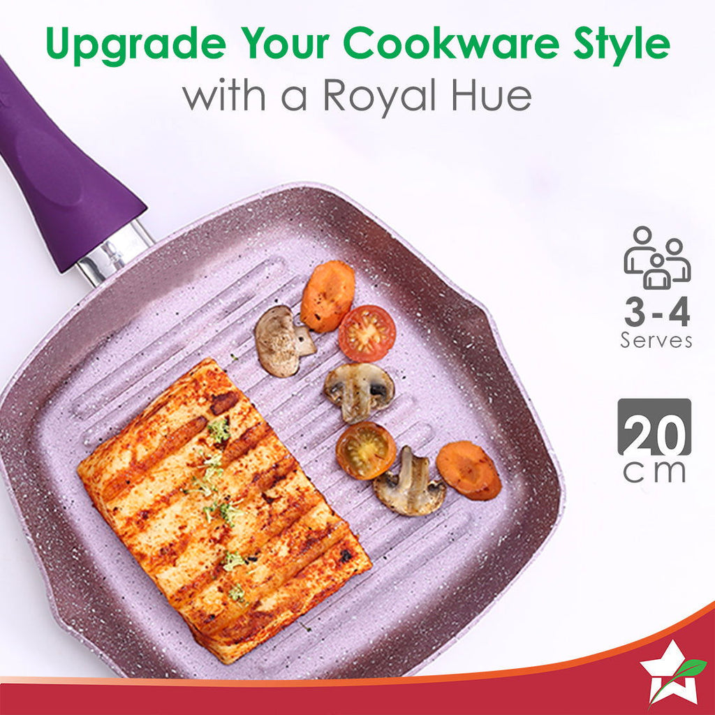 Royal Velvet 20cm Grill Pan | Soft-touch handles |Non – Toxic I Virgin Aluminium| 3 mm thick | 2 year warranty | Purple