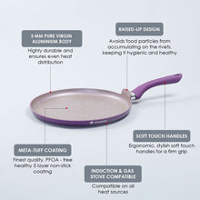 Load image into Gallery viewer, Royal Velvet 24 cm Non-Stick Dosa Tawa | Induction Bottom | Soft-Touch Handle | Virgin Grade Aluminium | PFOA and Heavy Metals Free | 3 mm | Non-Stick Tawa | 2 Years Warranty | Purple