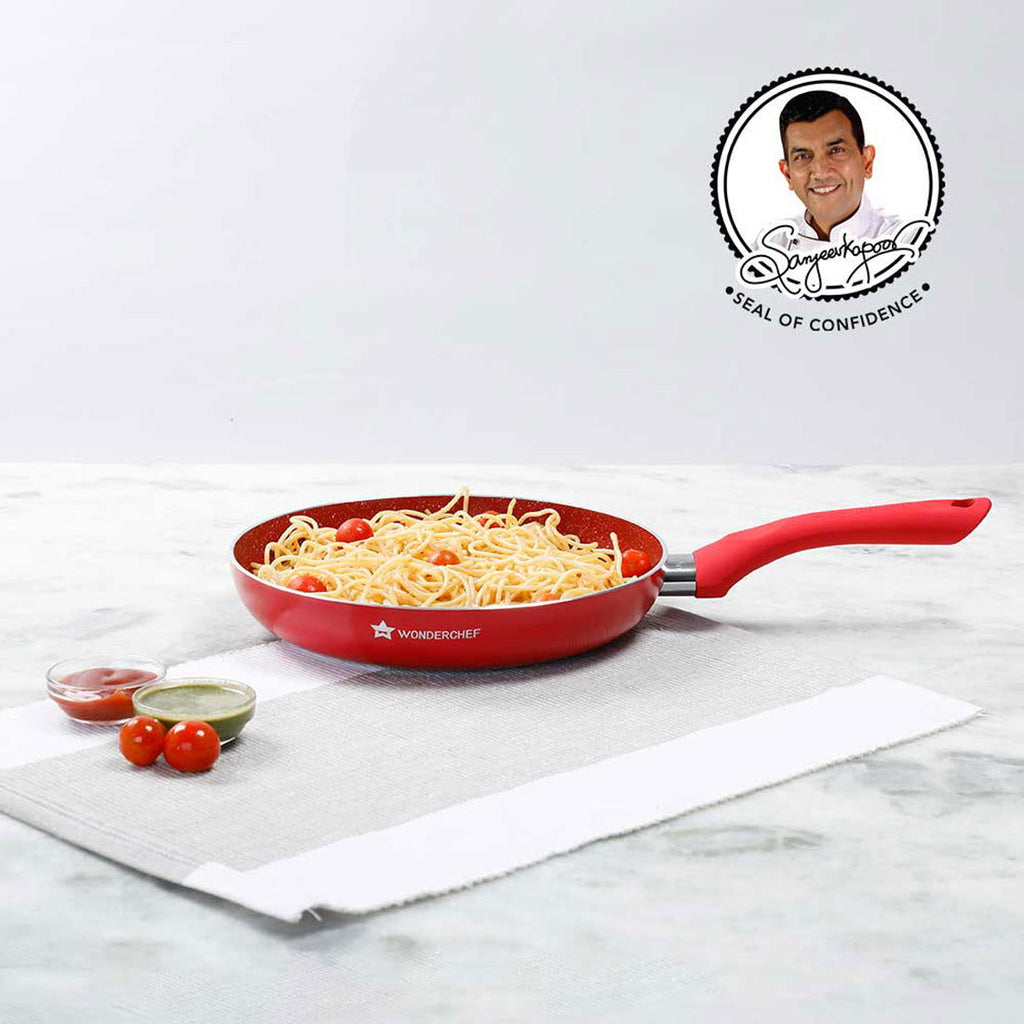 Royal Velvet 24 cm Non-Stick Fry Pan | Induction Bottom | Soft-Touch Handle | Virgin Grade Aluminium | PFOA & Heavy Metals Free | 3 mm | 1.8 litres | 2 Years Warranty | Red