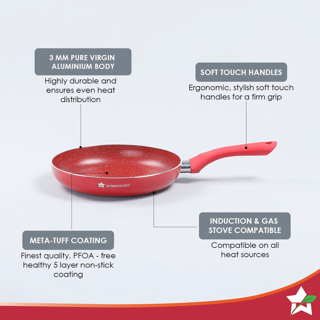 Royal Velvet 24 cm Non-Stick Fry Pan | Induction Bottom | Soft-Touch Handle | Virgin Grade Aluminium | PFOA & Heavy Metals Free | 3 mm | 1.8 litres | 2 Years Warranty | Red