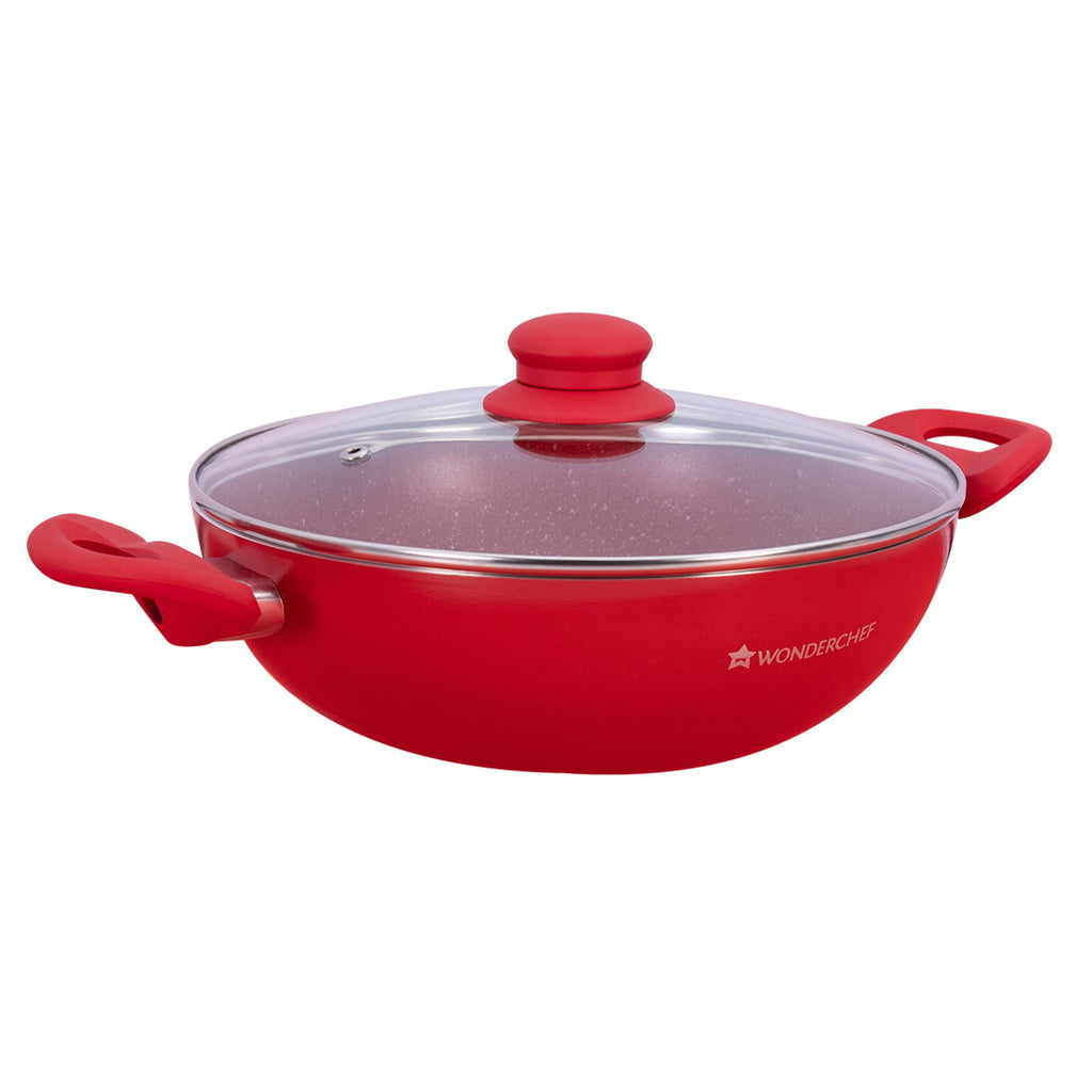 Royal Velvet 26 cm Non-Stick Kadhai with Lid | Induction Bottom | Soft-Touch Handle | Virgin Grade Aluminium |  PFOA and Heavy Metals Free| 3 mm Thickness | 3.2 litres | 2 Years Warranty | Red