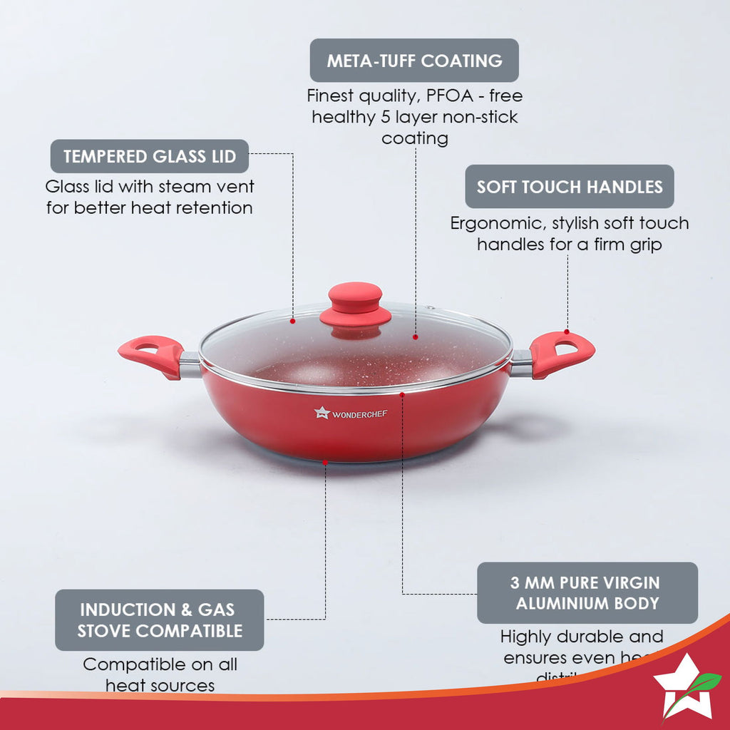 Royal Velvet 26 cm Non-Stick Kadhai with Lid | Induction Bottom | Soft-Touch Handle | Virgin Grade Aluminium |  PFOA and Heavy Metals Free| 3 mm Thickness | 3.2 litres | 2 Years Warranty | Red