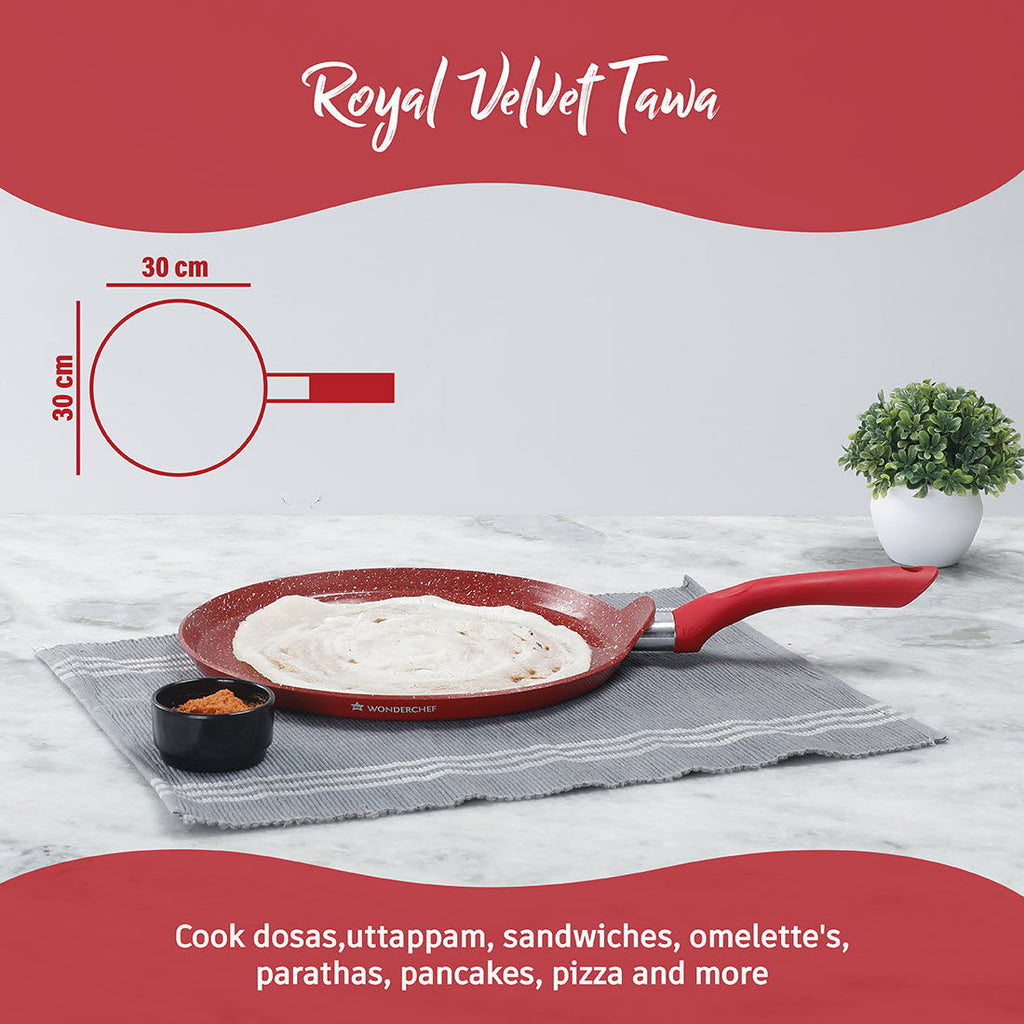 Royal Velvet 30 cm Non-Stick Dosa Tawa | Induction Bottom | Soft-Touch Handle | Virgin Grade Aluminium | PFOA/Heavy Metals Free | 3 mm | 2 Years Warranty | Red