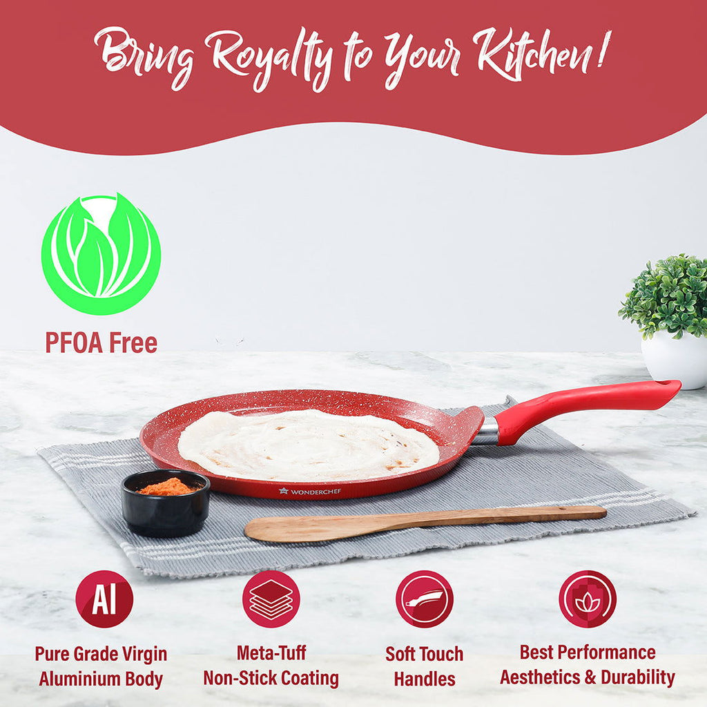 Royal Velvet 30 cm Non-Stick Dosa Tawa | Induction Bottom | Soft-Touch Handle | Virgin Grade Aluminium | PFOA/Heavy Metals Free | 3 mm | 2 Years Warranty | Red