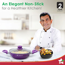 Load image into Gallery viewer, Royal Velvet Non-stick 24cm Kadhai with Lid and Handles | Glass Lid | Induction Ready | Soft-touch handles |Non – Toxic I Virgin Aluminium| 3 mm thick | 2 year warranty | Purple