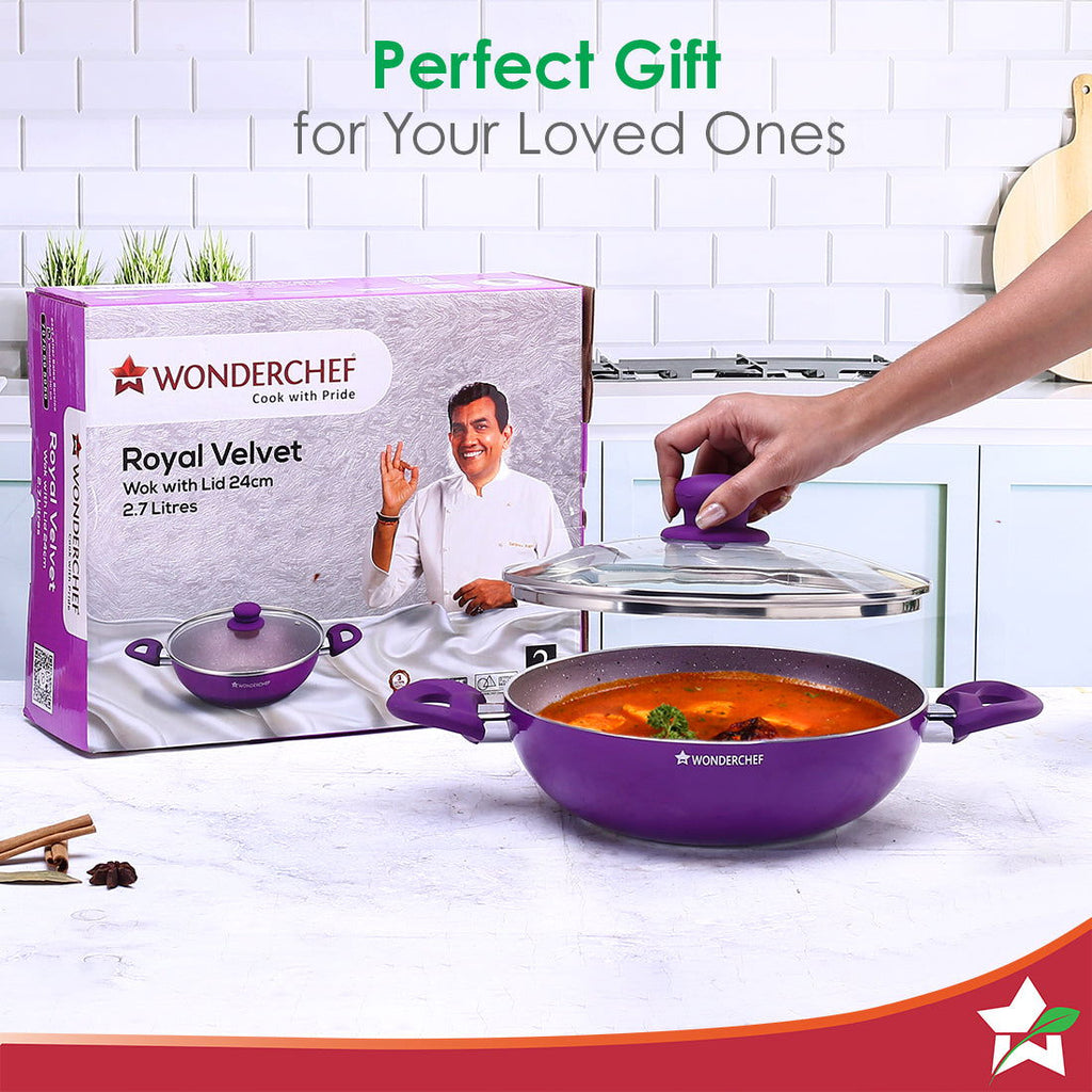 Royal Velvet Non-stick 24cm Kadhai with Lid and Handles | Glass Lid | Induction Ready | Soft-touch handles |Non – Toxic I Virgin Aluminium| 3 mm thick | 2 year warranty | Purple