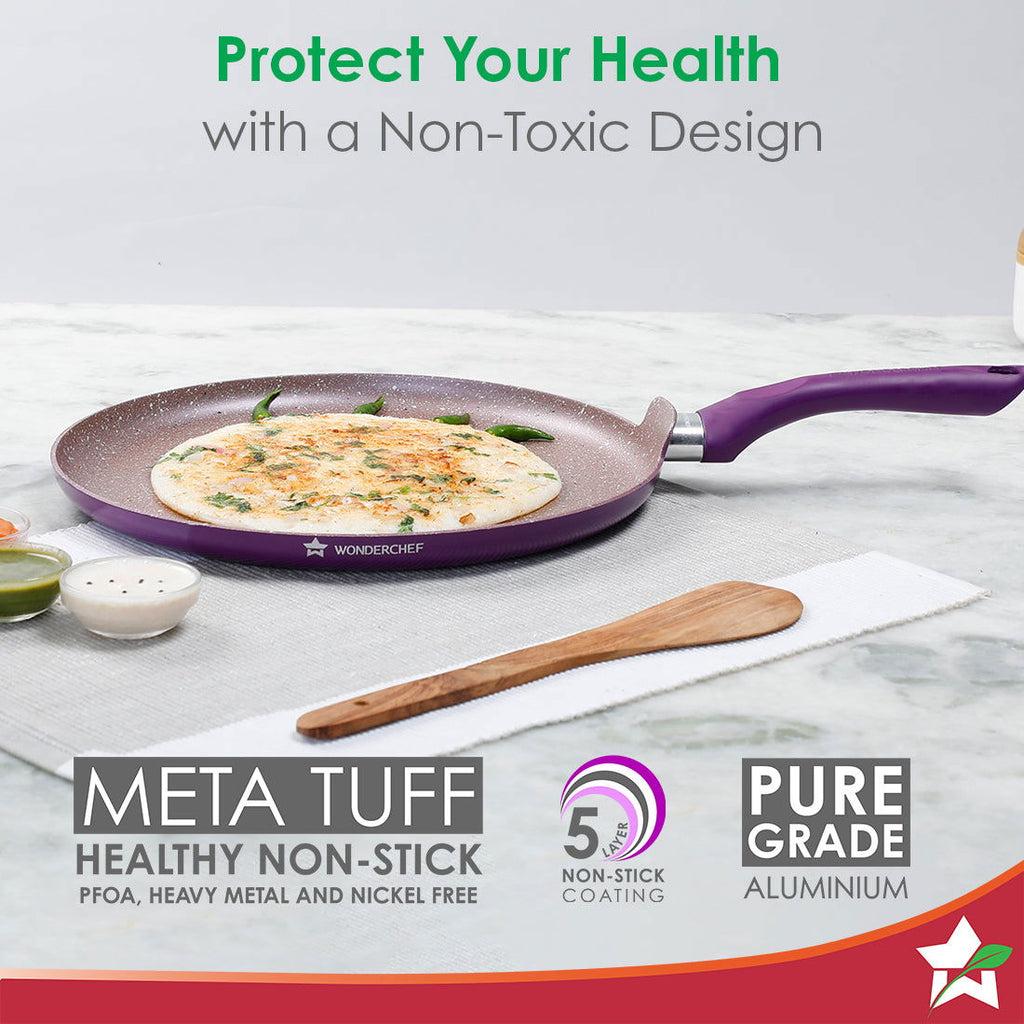 Royal Velvet Non-stick 28cm Dosa Tawa I Induction Ready | Soft-touch handles |Non – Toxic I Virgin Aluminium| 3 mm thick | 1.8 litres | 2 year warranty | Purple