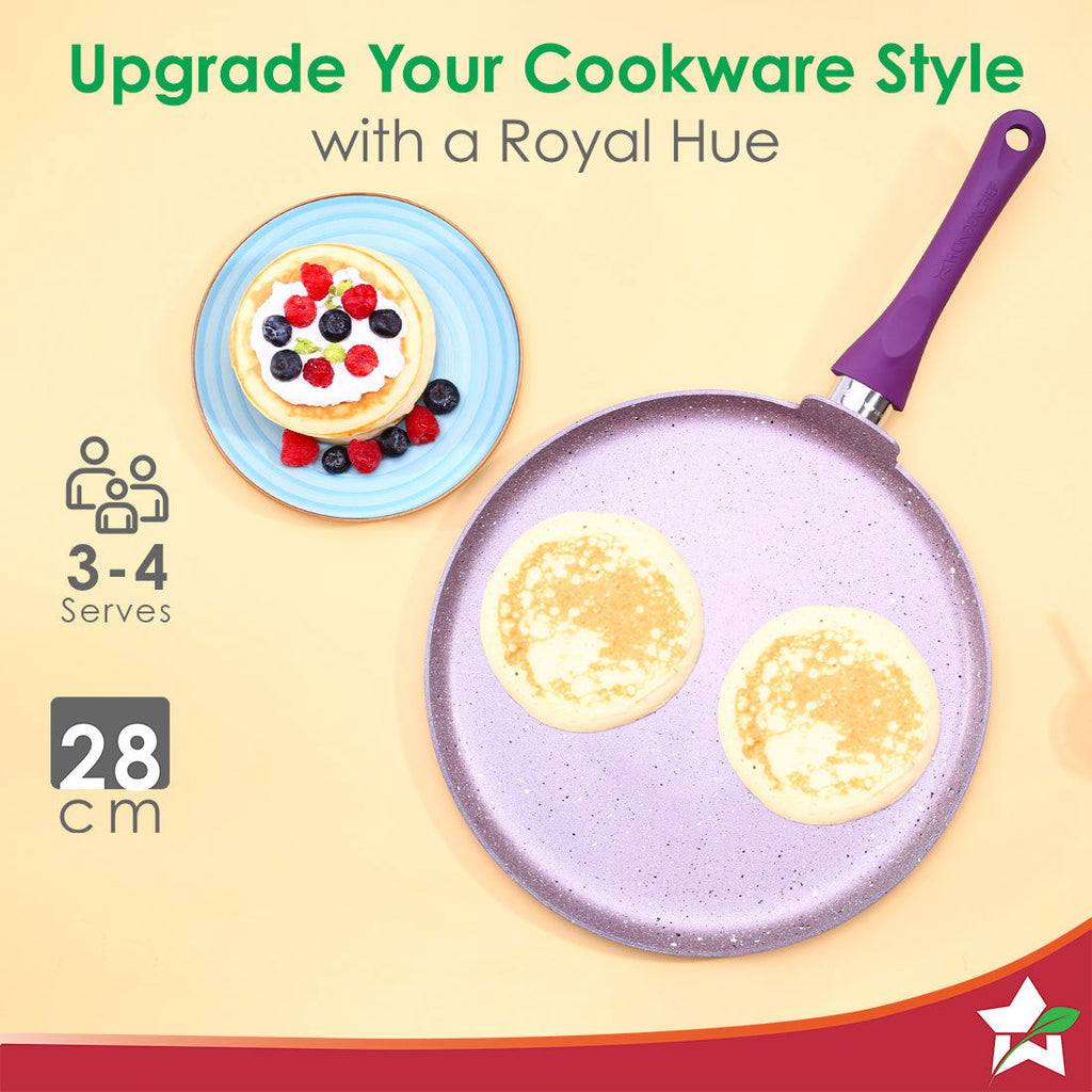 Royal Velvet Non-stick 28cm Dosa Tawa I Induction Ready | Soft-touch handles |Non – Toxic I Virgin Aluminium| 3 mm thick | 1.8 litres | 2 year warranty | Purple