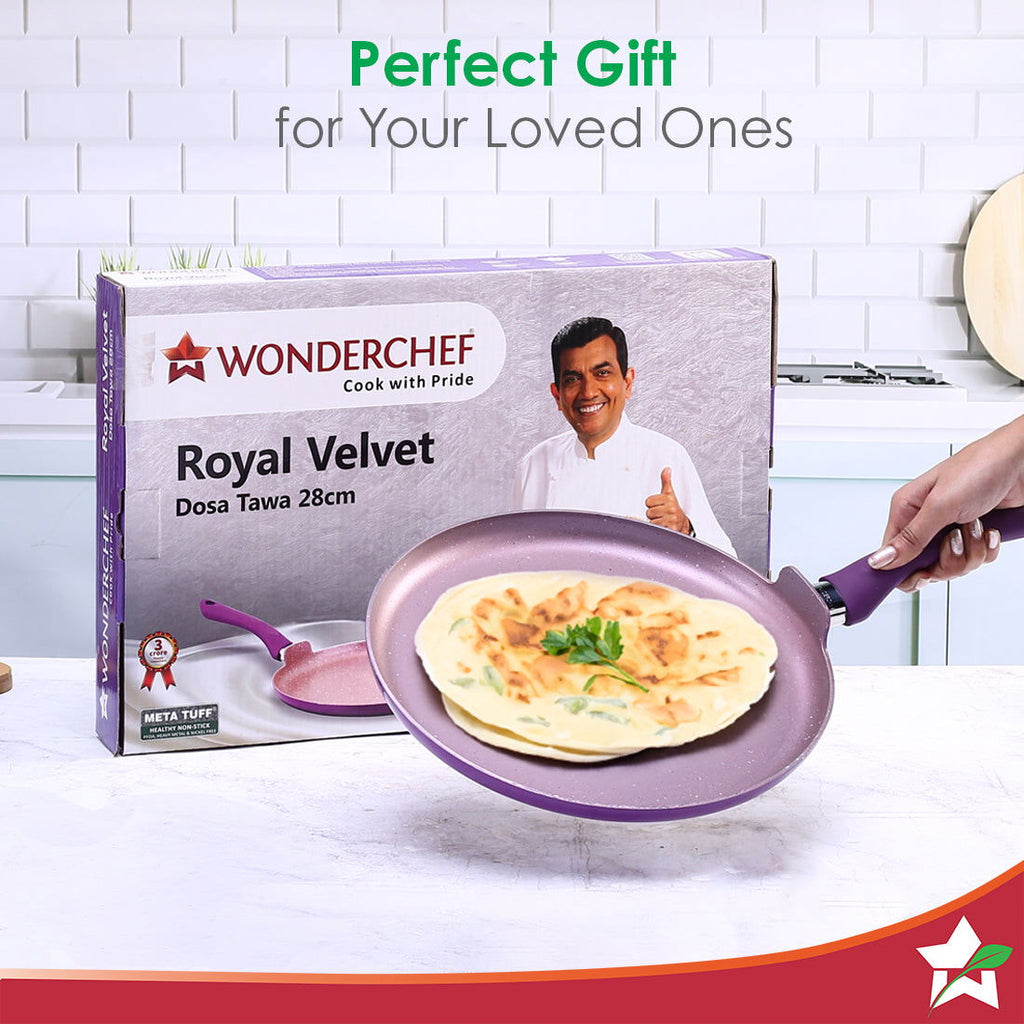 Royal Velvet Non-stick 28cm Dosa Tawa I Induction Ready | Soft-touch handles |Non – Toxic I Virgin Aluminium| 3 mm thick | 1.8 litres | 2 year warranty | Purple