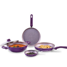 Load image into Gallery viewer, Royal Velvet Non-stick 5-piece Cookware Set (Fry Pan with Lid, Wok, Dosa Tawa, Mini Fry Pan) | Induction Ready (Dosa Tawa only)| Soft-touch handles |Non – Toxic I Virgin Aluminium | 3 mm thick | 2 years warranty | Purple