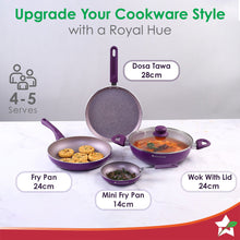 Load image into Gallery viewer, Royal Velvet Non-stick 5-piece Cookware Set (Fry Pan with Lid, Wok, Dosa Tawa, Mini Fry Pan) | Induction Ready (Dosa Tawa only)| Soft-touch handles |Non – Toxic I Virgin Aluminium | 3 mm thick | 2 years warranty | Purple