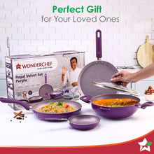 Load image into Gallery viewer, Royal Velvet Non-stick 5-piece Cookware Set (Fry Pan with Lid, Wok, Dosa Tawa, Mini Fry Pan) | Induction Ready (Dosa Tawa only)| Soft-touch handles |Non – Toxic I Virgin Aluminium | 3 mm thick | 2 years warranty | Purple