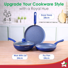 Load image into Gallery viewer, Royal Velvet Non-stick Cookware Set, 4Pc (Fry Pan with Lid, Wok, Dosa Tawa) Induction Bottom, Soft-touch Handles, Virgin Grade Aluminium, PFOA/Heavy Metals Free, 3mm, 2 Years Warranty, Blue