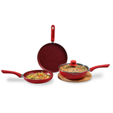 Load image into Gallery viewer, Royal Velvet Non-stick Cookware Set, 4Pc (Fry Pan with Lid, Wok, Dosa Tawa), Induction Bottom, Soft-touch Handles, Virgin Grade Aluminium, PFOA/Heavy Metals Free, 3mm, 2 Years Warranty, Red