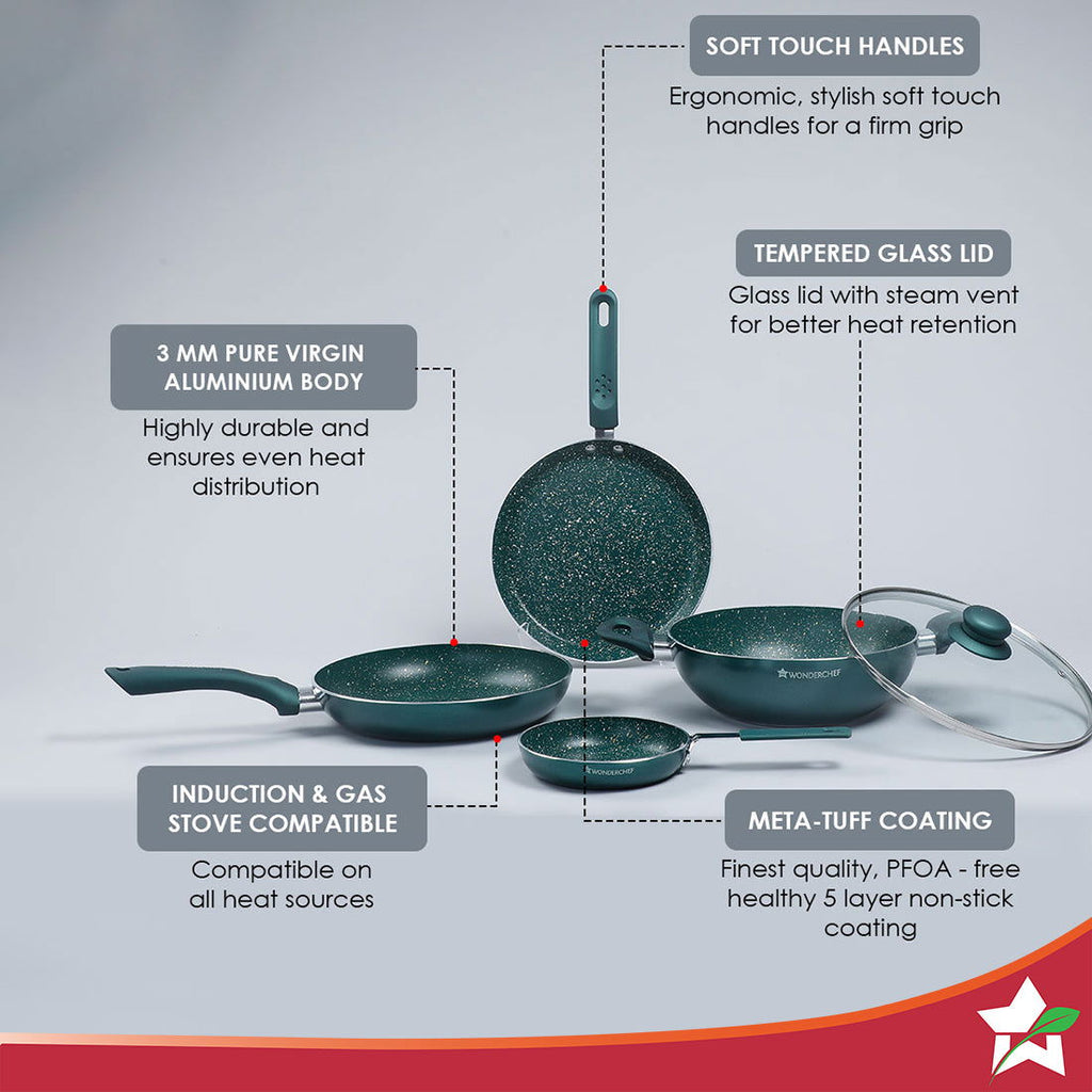 Royal Velvet Non-stick Cookware Set, 5Pc (Fry Pan with Lid, Wok, Dosa Tawa, Mini Fry Pan) Induction bottom, Soft-touch handles, Virgin Grade Aluminium, PFOA/Heavy Metals Free, 2 Years Warranty, Olive Green